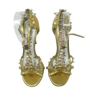 Gucci Regina Metallic Pearl Studded Bee Adorned Sandals Gold Size 38